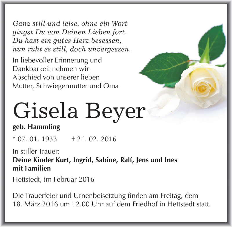  Traueranzeige für Gisela Beyer vom 27.02.2016 aus Mitteldeutsche Zeitung Mansfelder Land