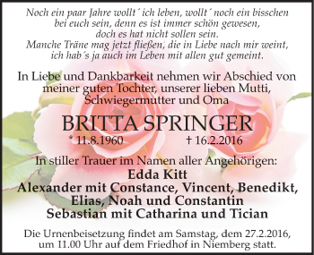 Traueranzeige von Britta Springer von Mitteldeutsche Zeitung Halle/Saalkreis