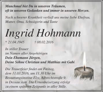 Traueranzeige von Ingrid Hohmann von WVG - Wochenspiegel Dessau / Köthen