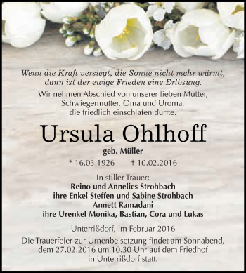 Traueranzeige von Ursula Ohlhoff von Wochenspiegel Mansfelder Land