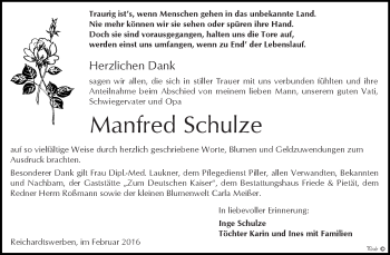 Traueranzeige von Manfred Schulze von WVG - Wochenspiegel NMB / WSF / ZTZ