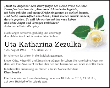 Traueranzeige von Uta Katharina Zezulka von Super Sonntag SGH Mansf. Land