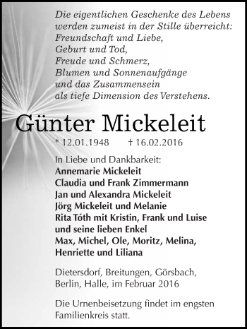 Traueranzeige von Günter Mickeleit von WVG - Wochenspiegel SGH