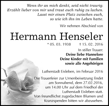 Traueranzeige von Hermann Henseler von Mitteldeutsche Zeitung Mansfelder Land