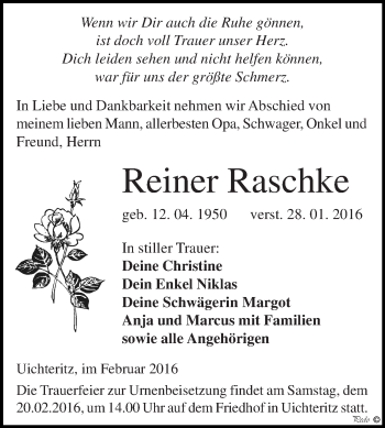 Traueranzeige von Reiner Raschke von WVG - Wochenspiegel NMB / WSF / ZTZ