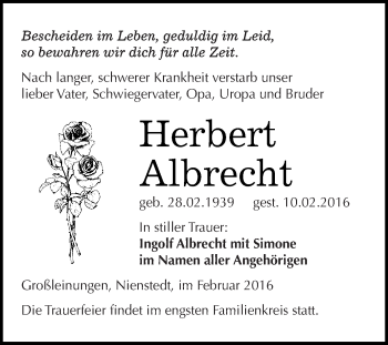 Traueranzeige von Herbert Albrecht von Super Sonntag SGH Mansf. Land