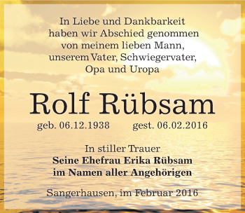 Traueranzeige von Rolf Rübsam von Mitteldeutsche Zeitung Sangerhausen