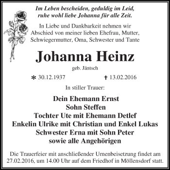 Traueranzeige von Johanna Heinz von WVG - Wochenspiegel Dessau / Köthen