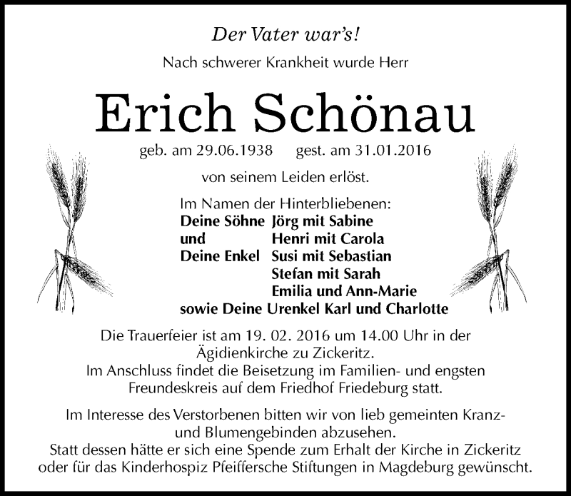  Traueranzeige für Erich Schönau vom 06.02.2016 aus Mitteldeutsche Zeitung Bernburg