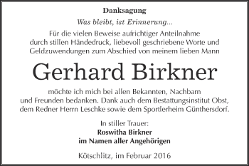 Traueranzeige von Gerhard Birkner von Super Sonntag Merseburg