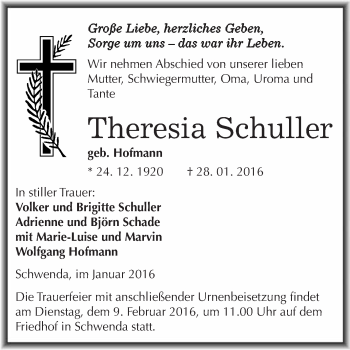 Traueranzeige von Theresia Schuller von Super Sonntag SGH Mansf. Land