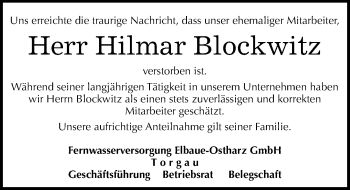 Traueranzeige von Hilmar Blockwitz von Mitteldeutsche Zeitung Wittenberg