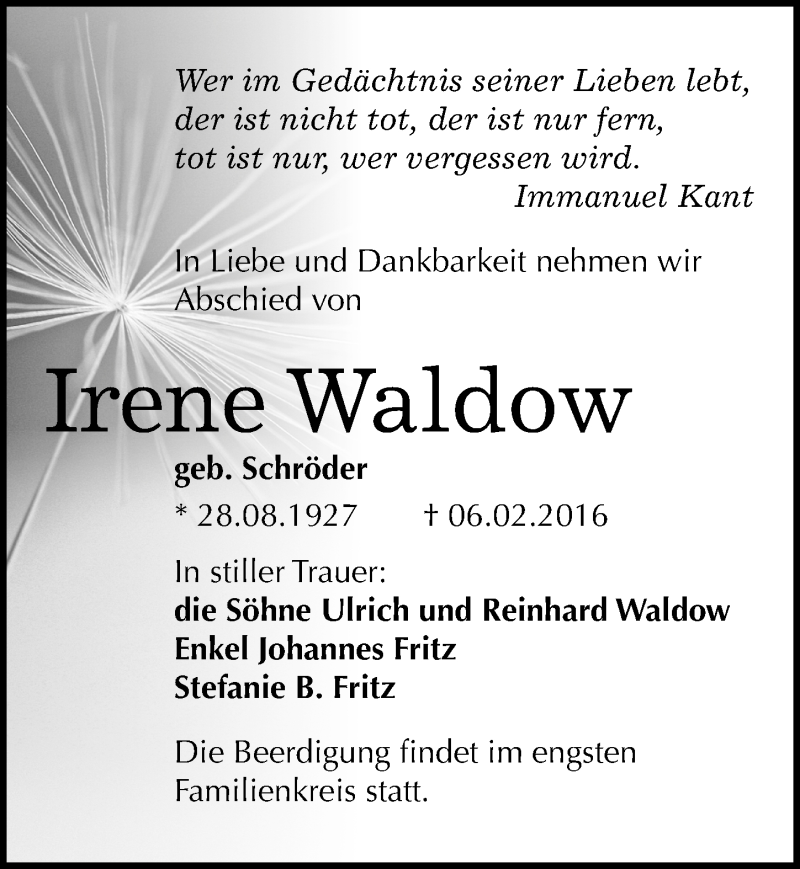  Traueranzeige für Irene Waldow vom 20.02.2016 aus Mitteldeutsche Zeitung Wittenberg