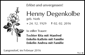 Traueranzeige von Henny Degenkolbe von Mitteldeutsche Zeitung Weißenfels