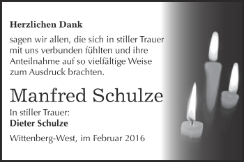 Traueranzeige von Manfred Schulze von WVG - Wochenspiegel Wittenberg