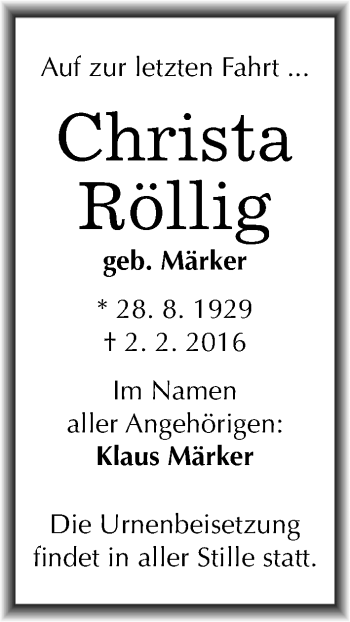 Traueranzeige von Christa Röllig von Mitteldeutsche Zeitung Halle/Saalkreis