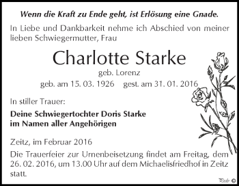 Traueranzeige von Charlotte Starke von Super Sonntag Zeitz