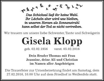 Traueranzeige von Gisela Klopp von WVG - Wochenspiegel NMB / WSF / ZTZ