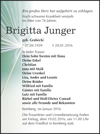 Traueranzeige von Brigitta Junger von WVG - Wochenspiegel Wittenberg