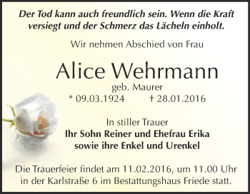 Traueranzeige von Alice Wehrmann von WVG - Wochenspiegel Dessau / Köthen