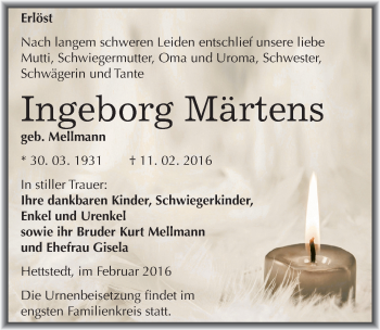 Traueranzeige von Ingeborg Märtens von Mitteldeutsche Zeitung Mansfelder Land