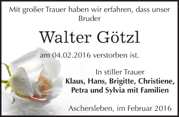 Traueranzeige von Walter Götzl von Mitteldeutsche Zeitung Aschersleben
