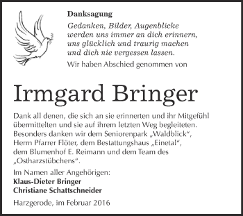 Traueranzeige von Irmgard Bringer von Super Sonntag Quedlinburg
