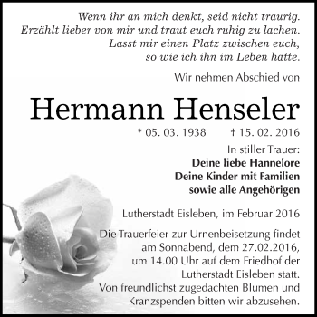 Traueranzeige von Hermann Henseler von Super Sonntag SGH Mansf. Land