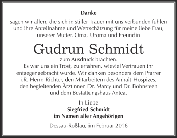 Traueranzeige von Gudrun Schmidt von WVG - Wochenspiegel Dessau / Köthen