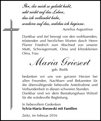 Traueranzeige von Maria Griesert von Mitteldeutsche Zeitung Zeitz