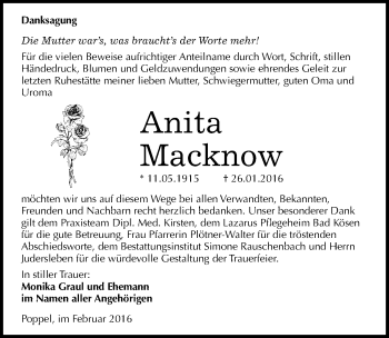 Traueranzeige von Anita Macknow von Mitteldeutsche Zeitung Naumburg/Nebra