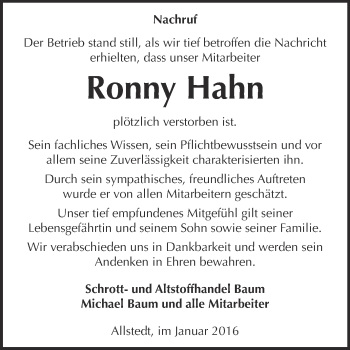 Traueranzeige von Ronny Hahn von Super Sonntag SGH Mansf. Land