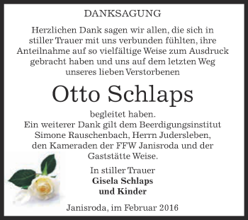 Traueranzeige von Otto Schlaps von WVG - Wochenspiegel NMB / WSF / ZTZ
