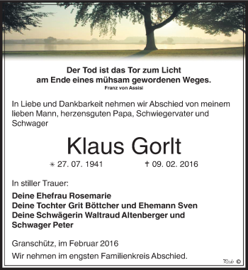 Traueranzeige von Klaus Gorlt von Mitteldeutsche Zeitung Weißenfels