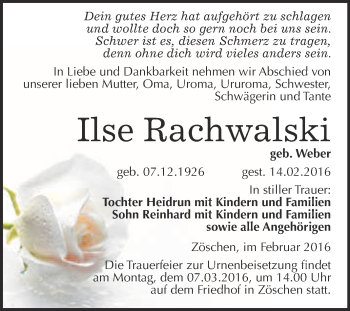 Traueranzeige von Ilse Rachwalski von Super Sonntag Merseburg