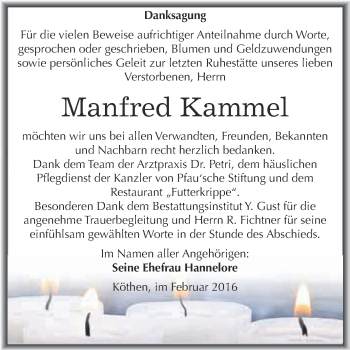 Traueranzeige von Manfred Kammel von WVG - Wochenspiegel Dessau / Köthen