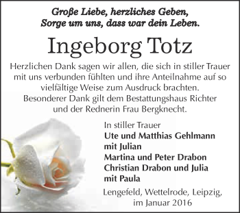 Traueranzeige von Ingeborg Totz von Super Sonntag SGH Mansf. Land