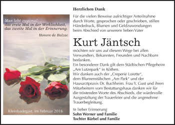 Traueranzeige von Kurt Jäntsch von Mitteldeutsche Zeitung Köthen