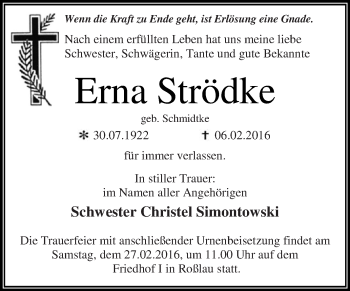 Traueranzeige von Erna Strödke von WVG - Wochenspiegel Dessau / Köthen