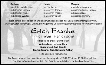 Traueranzeige von Erich Franke von Mitteldeutsche Zeitung Sangerhausen