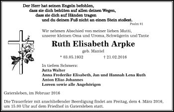 Traueranzeige von Ruth Elisabeth Arpke von Mitteldeutsche Zeitung Aschersleben