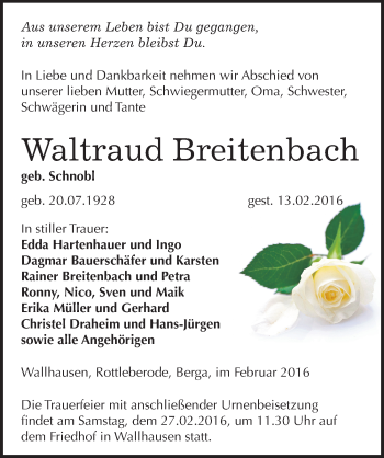 Traueranzeige von Waltraud Breitenbach von Mitteldeutsche Zeitung Sangerhausen