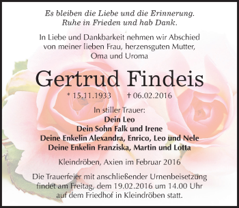 Traueranzeige von Gertrud Findeis von Mitteldeutsche Zeitung Wittenberg