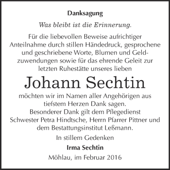 Traueranzeige von Johann Sechtin von WVG - Wochenspiegel Wittenberg