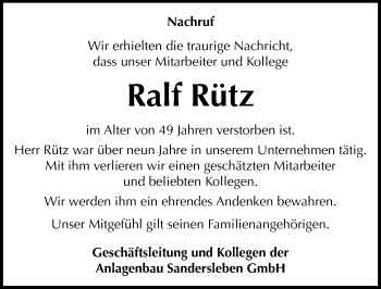 Traueranzeige von Ralf Rütz von Mitteldeutsche Zeitung Mansfelder Land