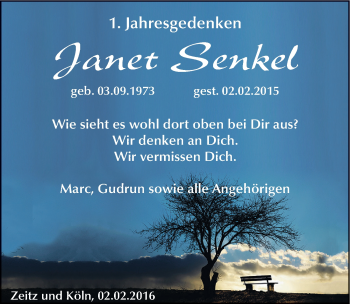 Traueranzeige von Janet Senkel von Mitteldeutsche Zeitung Zeitz