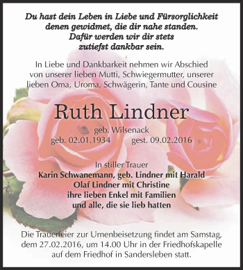 Traueranzeige von Ruth Lindner von WVG - Wochenspiegel Bernburg