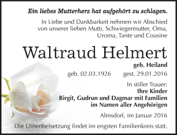 Traueranzeige von Waltraud Helmert von Mitteldeutsche Zeitung Merseburg/Querfurt