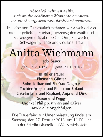 Traueranzeige von Anitta Wichmann von WVG - Wochenspiegel NMB / WSF / ZTZ