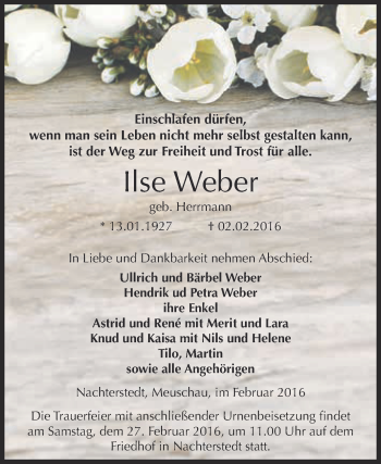Traueranzeige von Ilse Weber von Super Sonntag Aschersleben